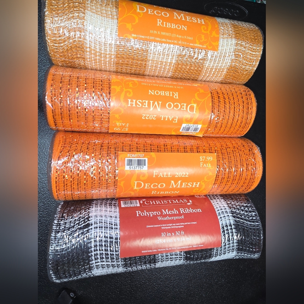 Halloween Or FALL Deco Mesh Ribbon Set - Orange and White